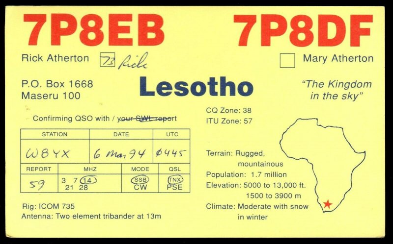 QSL QSO RADIO CARD Rick Atherton,Lesotho,The Kingdom In The Sky, (Q3018)