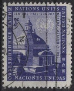 UN 61 (used) 3c Central Hall, Westminster, vio blue (1958)