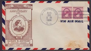 1936 Susan B. Anthony women's suffrage Sc 784-3d VG cachet brown on airmail env.