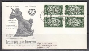 Canada Scott 493 Blk 4 Rose Craft FDC - Intl. Labour Org., 50th Anniv.