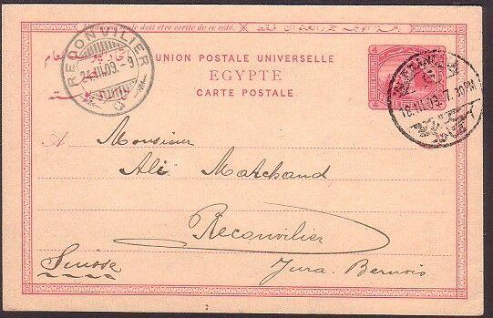 EGYPT 1909 4m postcard used Alexandria to Reconvilier Switzerland..........34751