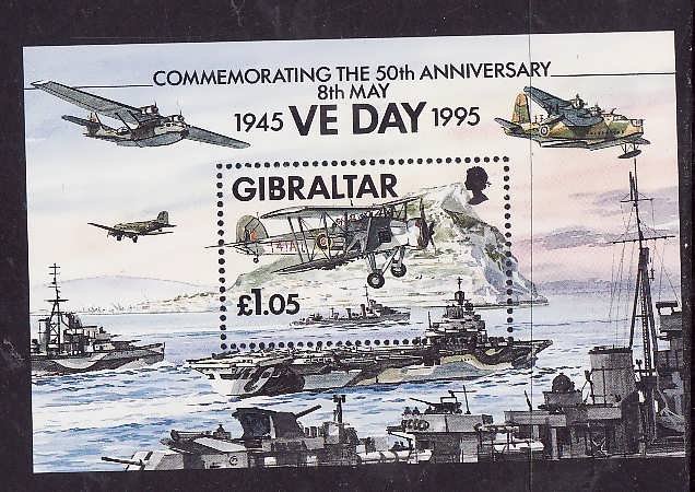 Gibraltar-Sc#683- id3-unused NH sheet-WWII-Planes-Ships-VE Day-1995-