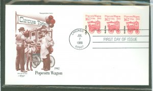 US 2261 1988 16.7c popcorn wagon - 1902, transportation series, coil plate number #1 strip of 3 on unaddressed fdc with artmaste