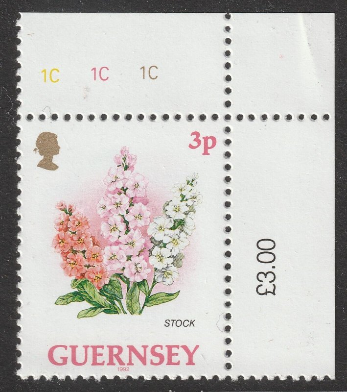 Guernsey Flowers Single Stock 3p plate single UR 1C MNH 1992
