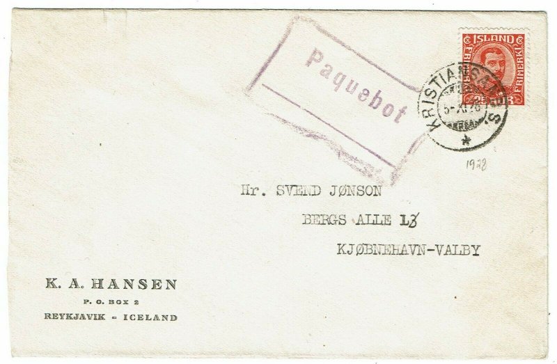 Iceland 1928 Kristiansands cancel on cover to Denmark, paquebot h/s, Scott 121