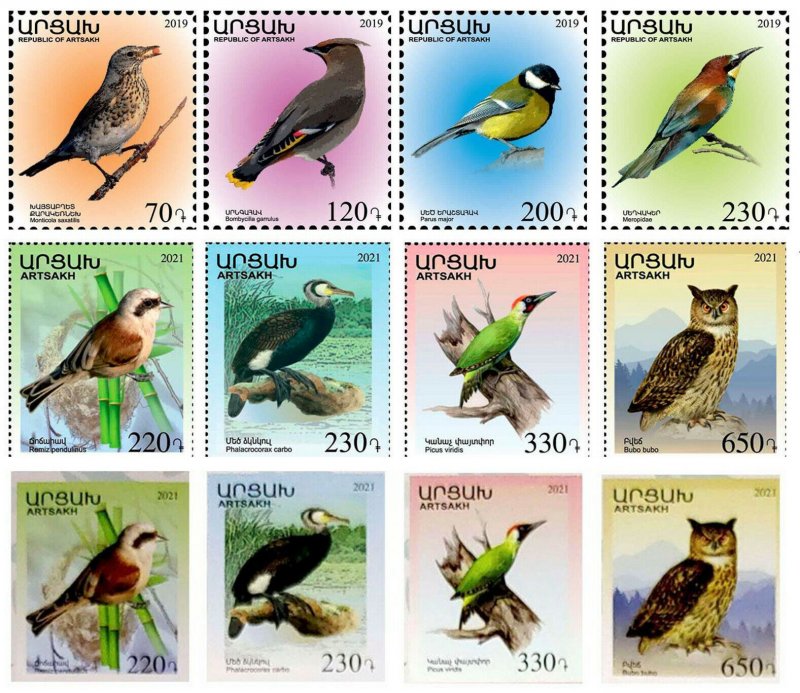 Artsakh MNH** 2019-2021 Mi 208-211 240-243 Fauna Bird Definitive Birds + Imperf. 