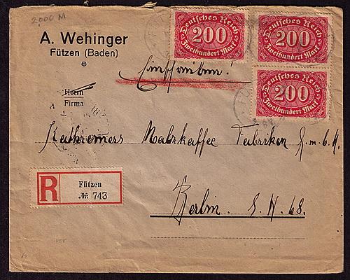  Germany  28 stamps  on registered cover 16-8-23  to Berlin