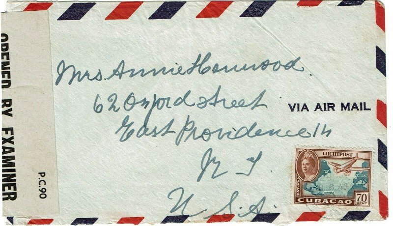 Curacao 1945 St. Eustatius 8 JUNE cancel on cover to U.S., St. Kitts censor LKD