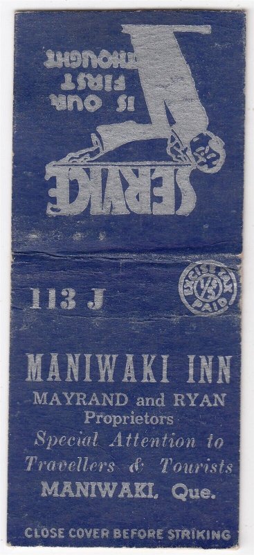 Canada Revenue 1/5¢ Excise Tax Matchbook MANIWAKI INN Maniwaki, Que.