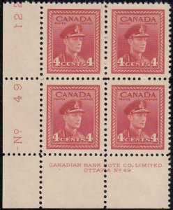Canada 1943 MNH Sc #254 4c George VI War Plate 49 LL Block of 4