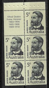 1969 Australia 451a Prime Minister Alfred Deakin MNH BK pane of 5