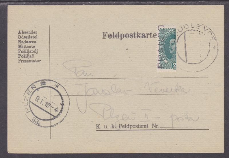 Austria Sc 169 Bisect on 1919 Feldpostkarte to Plzen, VF