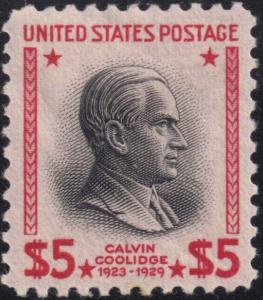 1938 US#834, $5. Coolidge Prexie, Mint H, VF