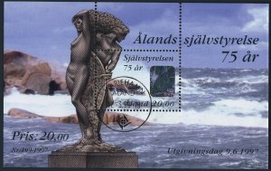 Finland-Aland 137, CTO. Mi 130 Bl.3. Autonomy, 75th Ann,1997. Statue.A hologram.