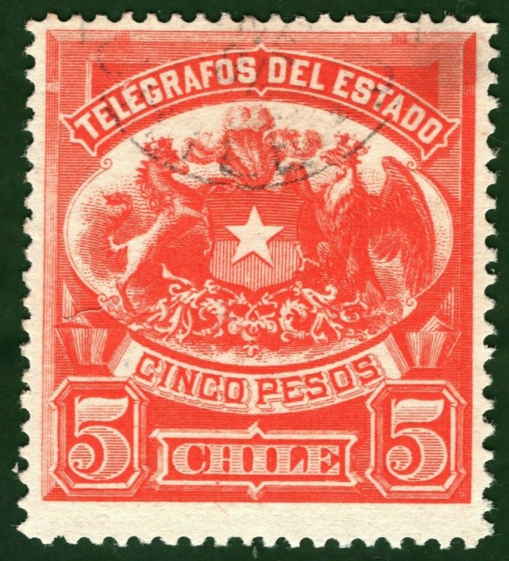 TELEGRAPH Stamp 5 Pesos High Value CHILE Used 1880s ex Collection ORANGE342