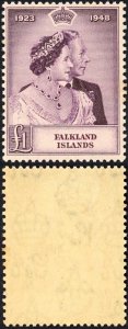 Falkland Is SG167 One Pound Silver Wedding M/M (lightly toned gum)  Cat 90 poun