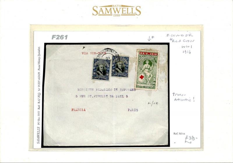 ECUADOR WW1 Cover ITALIAN RED CROSS France 1916 Transatlantic{samwells}F261