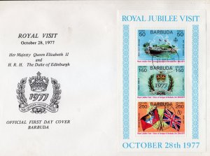 Barbuda 1977 Sc#304a ROYAL VISIT/SHIP/FLAGS Souvenir Sheet FDC