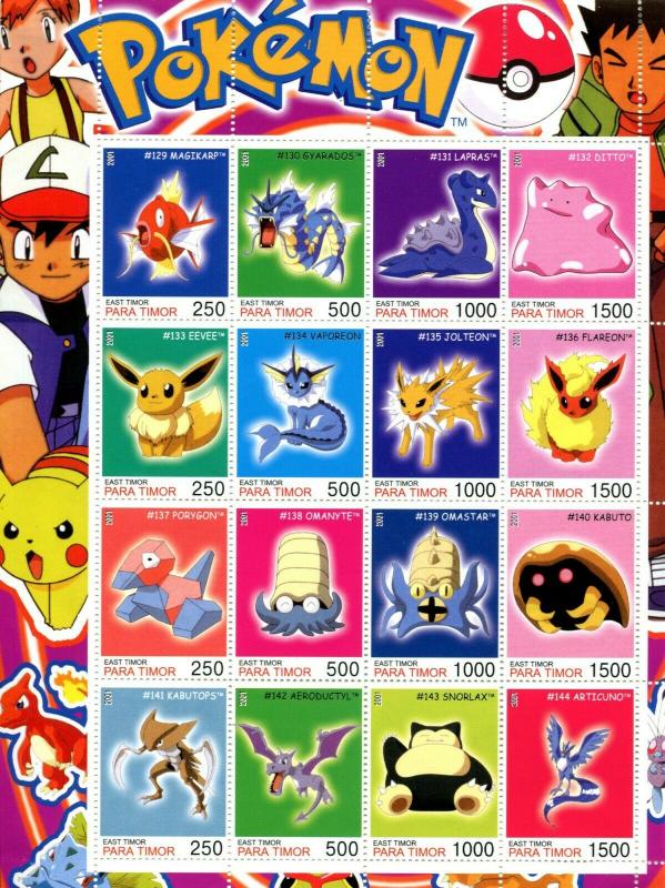 Complete 160 POKEMON Cinderella Stamps PARA TIMOR set of 10 Full Sheets 2001