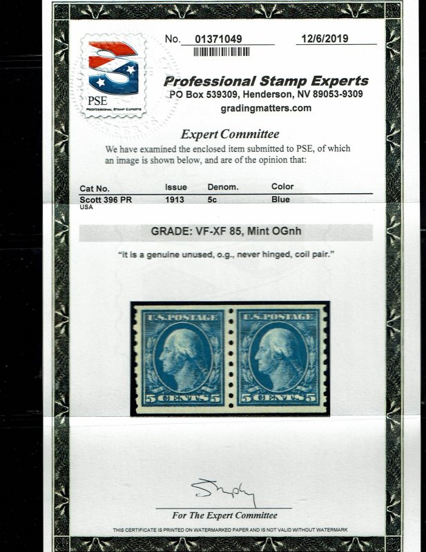 Scott #396 VF/XF-OG-NH. With 2019 PSE certificate.   A Showpiece