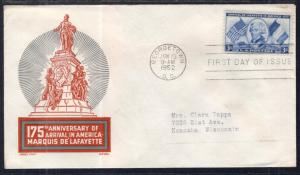 US 1010 Lafayette Cachet Craft Boll Typed FDC