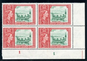 Solomon Islands 1956 QEII 3d blue-green & red Plate 1 block superb MNH. SG 87