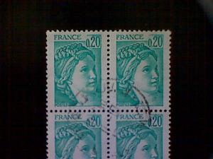 France, Scott #1565, used(o) block of four, 1977, Sabine, 20cts, bright green