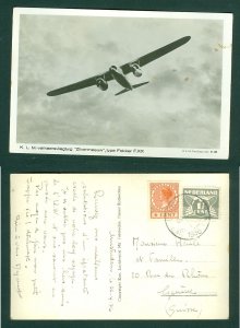 Netherlands 1936. Photo card 6 + 1 1/2c. KLM. Fokker F.X X. Adr: Switzerland