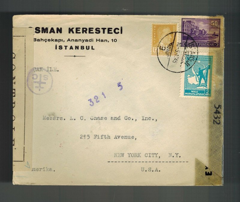 1945 Istanbul Turkey Dual Censored commercial cover to USA