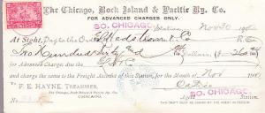 US Chicago, Rock Island & Pacific Ry. Co. Receipt 