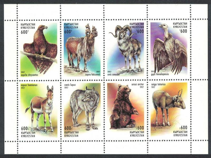 Kyrgyzstan Birds Bear Wolf Wild Animals Sheetlet of 8v 1997 MNH SG#120-127