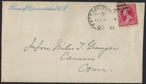 US 1892 OFFICIAL US HOUSE OF REPRESENTATIVES COVER 2¢ TIED EAST CAPITOL DC MAR