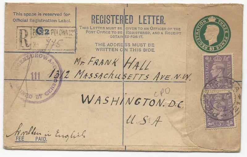 Great Britain Scott #263 x2 H&G I-C3 2A Registered Letter Censored to USA 1944