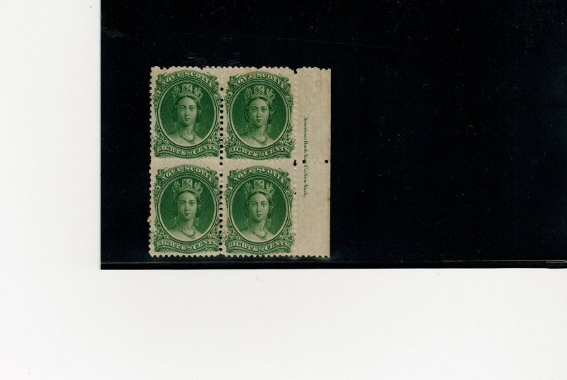 Nova Scotia #11 Green 8 1/2c plate inscription block Cat $450 2 MH 2 MNH