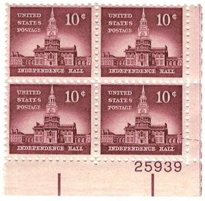 #1044 – 1956 10c Liberty Series: Independence Hall – MNH Plate Block