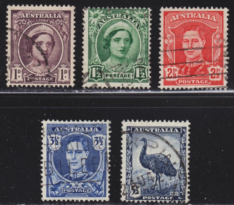 Australia Scott 191-92, 194-96 F to VF used.