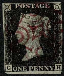 GB 1d Black. Plate 4 GH. Violet Maltese Cross cancellation.