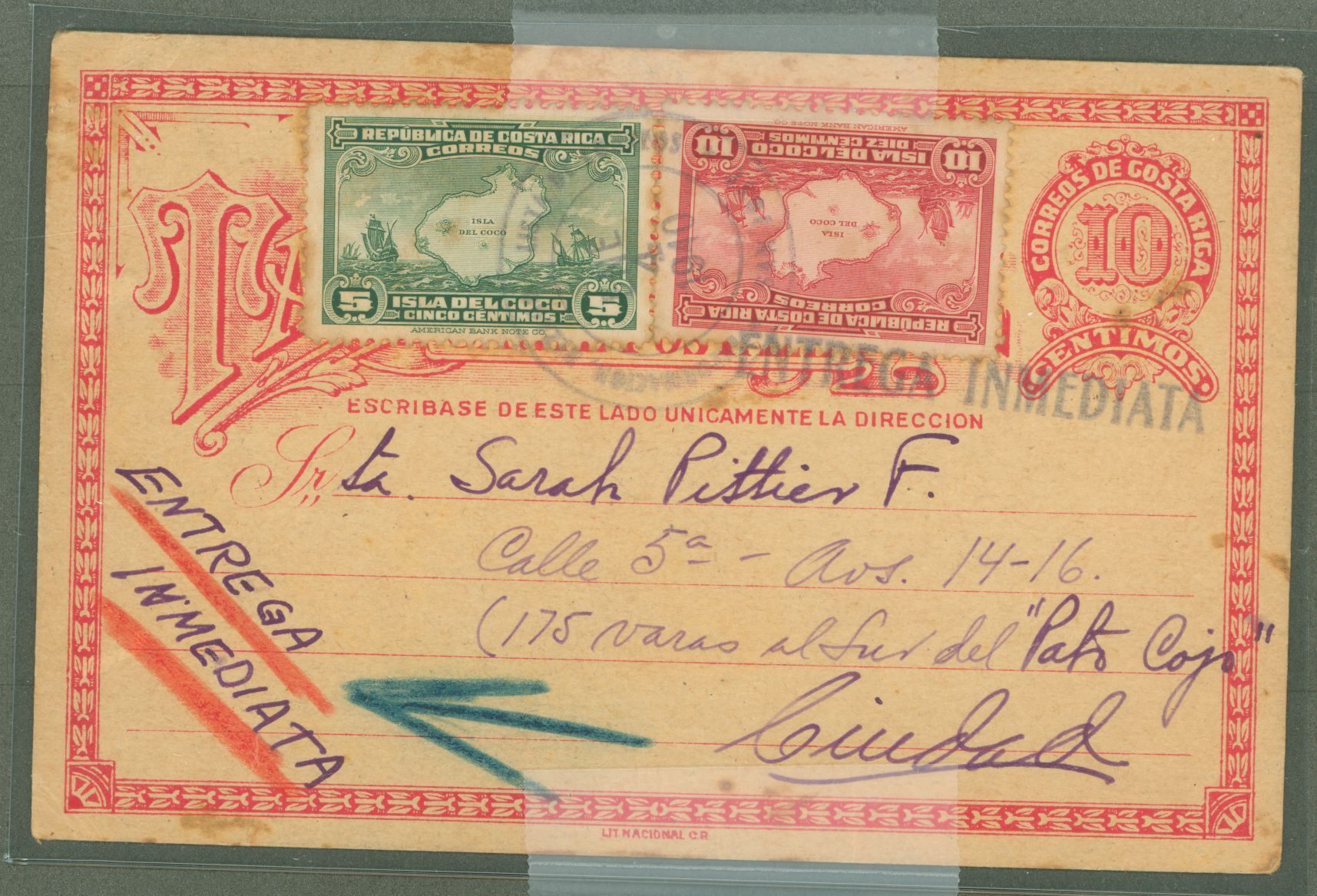 Costa Rica UX 1940 10cent + 15 cent in stamps for special delivery