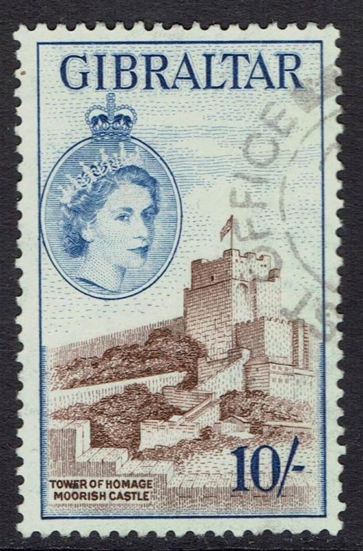 GIBRALTAR 1953 QEII CASTLE 10/- USED