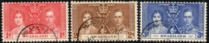 1937 Swaziland Sg 25/27 1d carmine with Mbabane Skeleton Cancellation