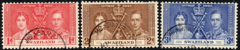 1937 Swaziland Sg 25/27 1d carmine with Mbabane Skeleton Cancellation