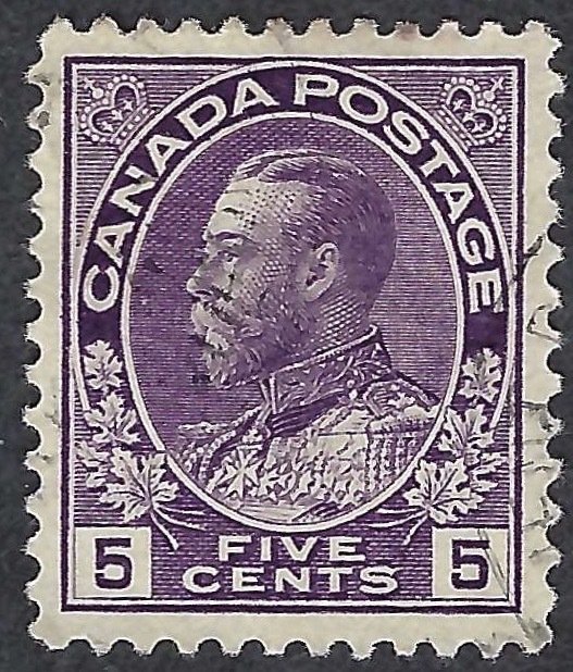 Canada #112 5¢ King George V (1922). Violet. Very fine centering. Used.