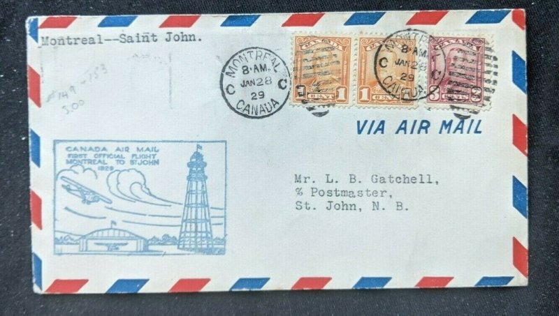 1929 Montreal Canada First Flight Cover to St John New Brunswick