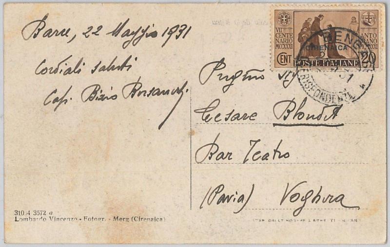 53356 - CYRENAICA - Postal History: Saxon # 86 Isolated on POSTCARD 1931-
