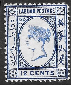 LABUAN SG45a 1892 12c BRIGHT BLUE DAMAGED 2nd CHINESE CHARACTER VAR MTD MINT