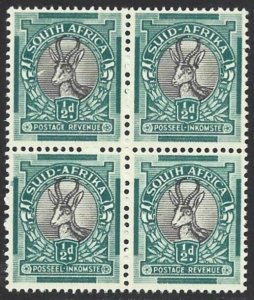 1949 South Africa Springbok 1⁄2d SG #114c, cb BLOCK Plate19 with Varieties F/VF-H-