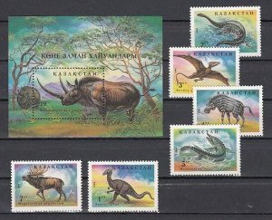 Kazakhstan, Scott cat. 90-95, 96. Dinosaurs set and s/sheet. ^