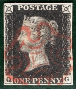 GB PENNY BLACK QV 1840 Stamp SG.2 1d Plate 6 (QG) Super Red MX Cat £400 SBR23