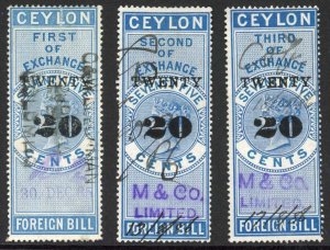 Ceylon Foreign Bill BF55 20c on 75c Blue 1st 2nd and 3rd Exchange