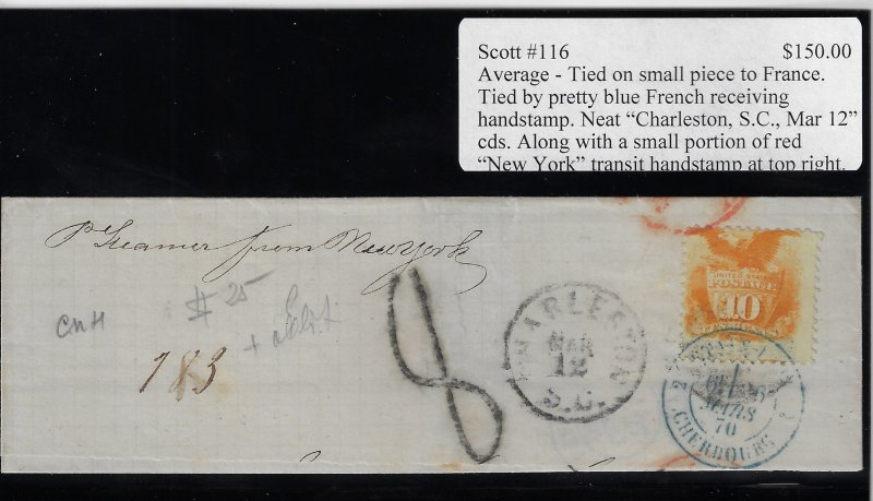 Scott #116 - $150.00 – Average – Tied on small piece to France - Showpiece!!